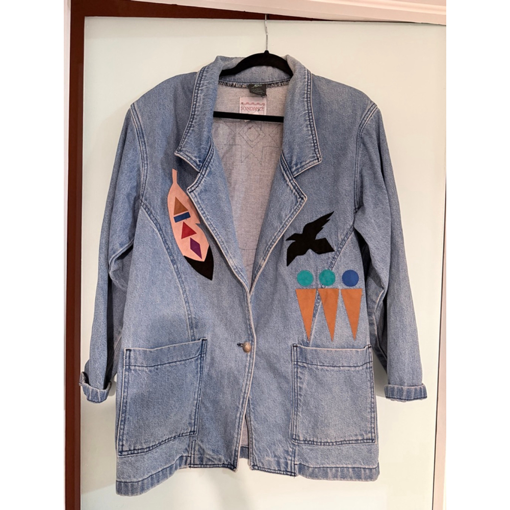 Vintage Sundance Denim Jacket Southwestern Appliqué Made USA Medium Art Wear Boh